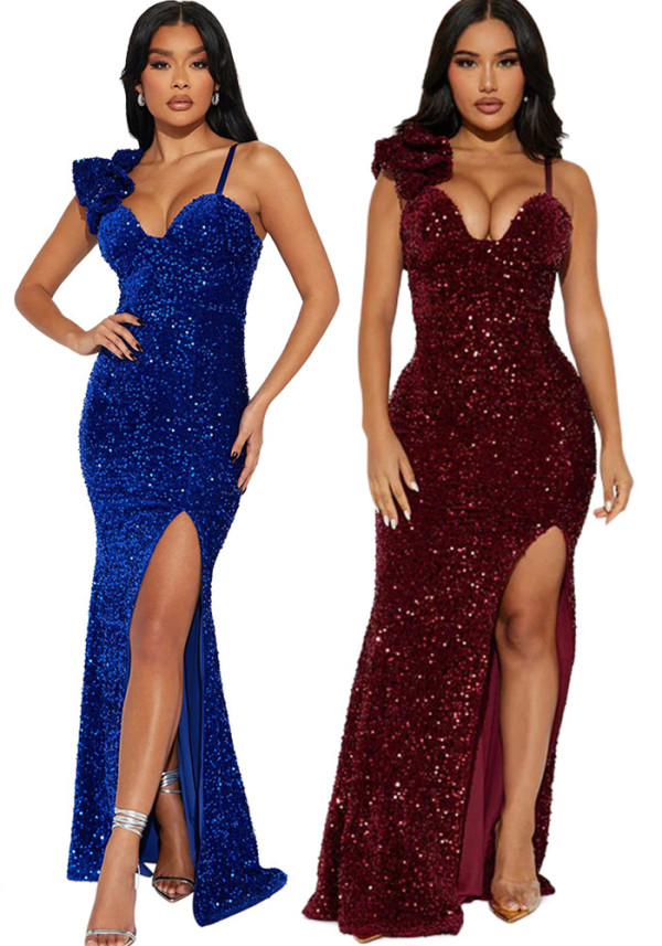 Fashion Women's Clothing Solid Color Strap Sexy Sequin Long Dress Slit Evening Dress