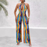 Women's Clothing Summer Halter Neck Sleeveless Sexy Wide Leg Printed Casual Jumpsuit