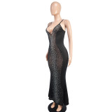 Women's Sexy See-Through Mesh Sleeveless Deep V Beaded Nightclub Party Dress