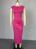 Women Summer Short Sleeve Solid Pleated Maxi Dress