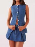 Summer Fashion Casual Sleeveless Denim Vest High Waist Short Skirt Women's Two Piece Set