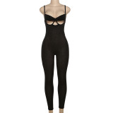 Summer Women's Sexy Sleeveless Strap Hollow See-Through Tight Fitting Jumpsuit