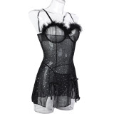 Sexy Black Beaded Feather Patchwork See-Through  Mesh Slit Night Dress Panty Two-Piece Set For Women