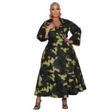 Plus Size African Women's Printed Wrap V-Neck Long Sleeve Maxi Dress