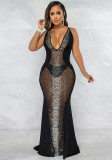 Women's Sexy See-Through Mesh Sleeveless Deep V Beaded Nightclub Party Dress