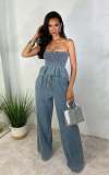 Fashion Casual  Sexy Ruffle Denim Strapless Top Wide Leg Pants Two Piece Set