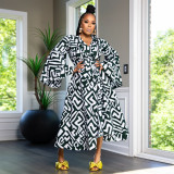 Plus Size African Women's Printed Wrap V-Neck Long Sleeve Maxi Dress