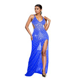 Fashion Women's Beaded V-Neck Strap Backless Nightclub Long Dress