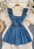 Women's Ruffled Strap Women's Denim A-Line Short Dress