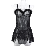 Sexy Black Beaded Feather Patchwork See-Through  Mesh Slit Night Dress Panty Two-Piece Set For Women