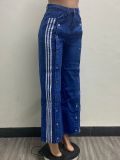 Fashion Button Stripe Wide Leg Loose Casual Denim Pants