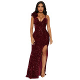 Fashion Women's Clothing Solid Color Strap Sexy Sequin Long Dress Slit Evening Dress