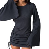 Autumn Round Neck Bell Bottom Long-Sleeved Drawstring Elegant Knitting Dress