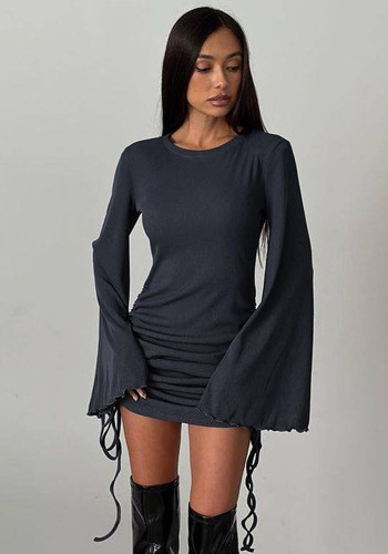 Autumn Round Neck Bell Bottom Long-Sleeved Drawstring Elegant Knitting Dress