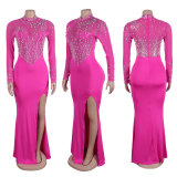 Women Beaded See-Through Bodycon Stretch Slit Dress