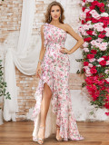 Summer Women's Slash Shoulder Floral Printed Slit Irregular Long Dress