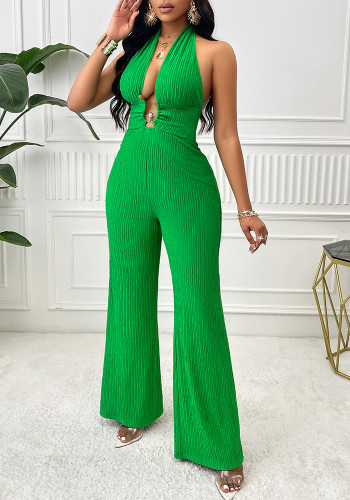 Sexy Women's Clothing Summer Solid Color Halter Neck Hollow Slim Waist Jumpsuit