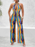 Women's Clothing Summer Halter Neck Sleeveless Sexy Wide Leg Printed Casual Jumpsuit