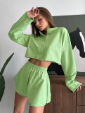 Summer Solid Color Long Sleeve Button Top Shorts Home Clothes Women Loose Comfortable Pajamas