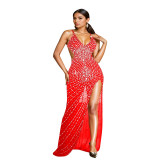 Fashion Women's Beaded V-Neck Strap Backless Nightclub Long Dress