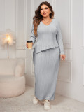 Plus Size Loose Fashion Long Sleeve Irregular Top Slim Long Skirt Two Piece Set