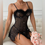 Sexy Black Beaded Feather Patchwork See-Through  Mesh Slit Night Dress Panty Two-Piece Set For Women