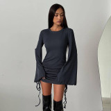 Autumn Round Neck Bell Bottom Long-Sleeved Drawstring Elegant Knitting Dress