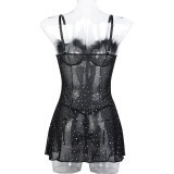 Sexy Black Beaded Feather Patchwork See-Through  Mesh Slit Night Dress Panty Two-Piece Set For Women