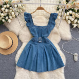 Women's Ruffled Strap Women's Denim A-Line Short Dress