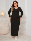 Plus Size Loose Fashion Long Sleeve Irregular Top Slim Long Skirt Two Piece Set