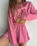 Summer Solid Color Long Sleeve Button Top Shorts Home Clothes Women Loose Comfortable Pajamas