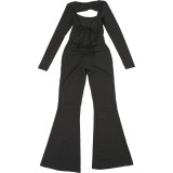 Autumn Summer Fashion Square Neck Low Back Flared Tight Fitting Women Jumpsuit