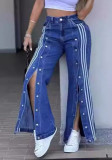 Fashion Button Stripe Wide Leg Loose Casual Denim Pants