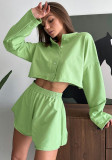 Summer Solid Color Long Sleeve Button Top Shorts Home Clothes Women Loose Comfortable Pajamas