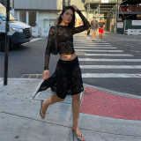 Summer Sexy Crop See-Through Lace Top High Waist Irregular Skirt Two Piece Set