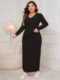 Plus Size Loose Fashion Long Sleeve Irregular Top Slim Long Skirt Two Piece Set