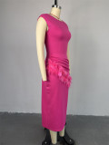Women Summer Short Sleeve Solid Pleated Maxi Dress