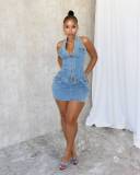 Sexy Halter Neck Low Back Denim Dress