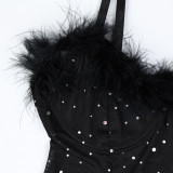 Sexy Black Beaded Feather Patchwork See-Through  Mesh Slit Night Dress Panty Two-Piece Set For Women