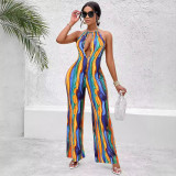 Women's Clothing Summer Halter Neck Sleeveless Sexy Wide Leg Printed Casual Jumpsuit