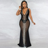 Women's Sexy See-Through Mesh Sleeveless Deep V Beaded Nightclub Party Dress