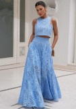 Autumn Women's Chic Sleeveless Embroidery Hollow Lace Top Long Skirt Holidays Two-Piece Set