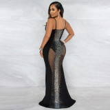 Women's Sexy See-Through Mesh Sleeveless Deep V Beaded Nightclub Party Dress