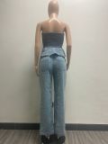 Fashion Casual  Sexy Ruffle Denim Strapless Top Wide Leg Pants Two Piece Set