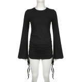 Autumn Round Neck Bell Bottom Long-Sleeved Drawstring Elegant Knitting Dress