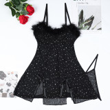 Sexy Black Beaded Feather Patchwork See-Through  Mesh Slit Night Dress Panty Two-Piece Set For Women