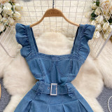 Women's Ruffled Strap Women's Denim A-Line Short Dress