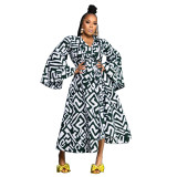 Plus Size African Women's Printed Wrap V-Neck Long Sleeve Maxi Dress