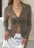 Thin See-Through V-Neck Slim-Fitting Long-Sleeved Blouse Buttoned Top For Women