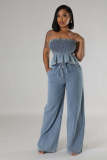 Fashion Casual  Sexy Ruffle Denim Strapless Top Wide Leg Pants Two Piece Set